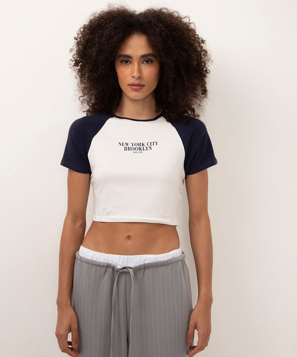 camiseta de algodão cropped new york off white