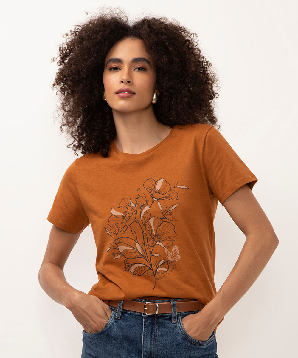 camiseta de algodão floral marrom