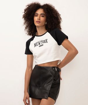 camiseta cropped de algodão bicolor new york preto