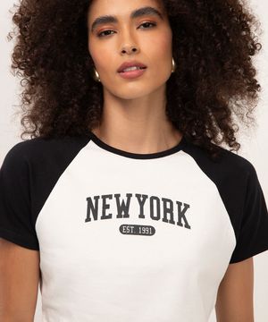 camiseta cropped de algodão bicolor new york preto