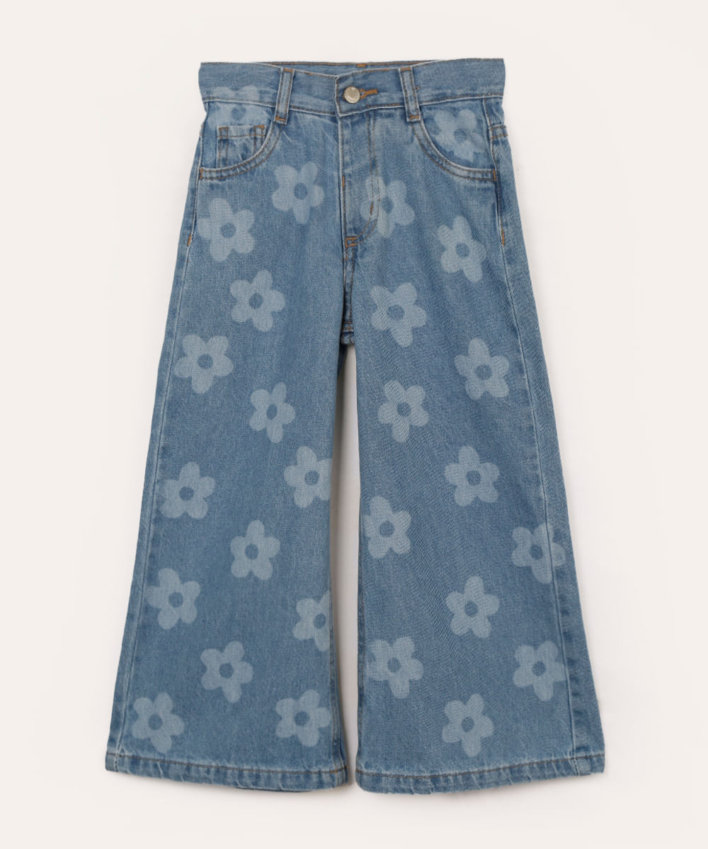 calça infantil jeans wide leg floral azul