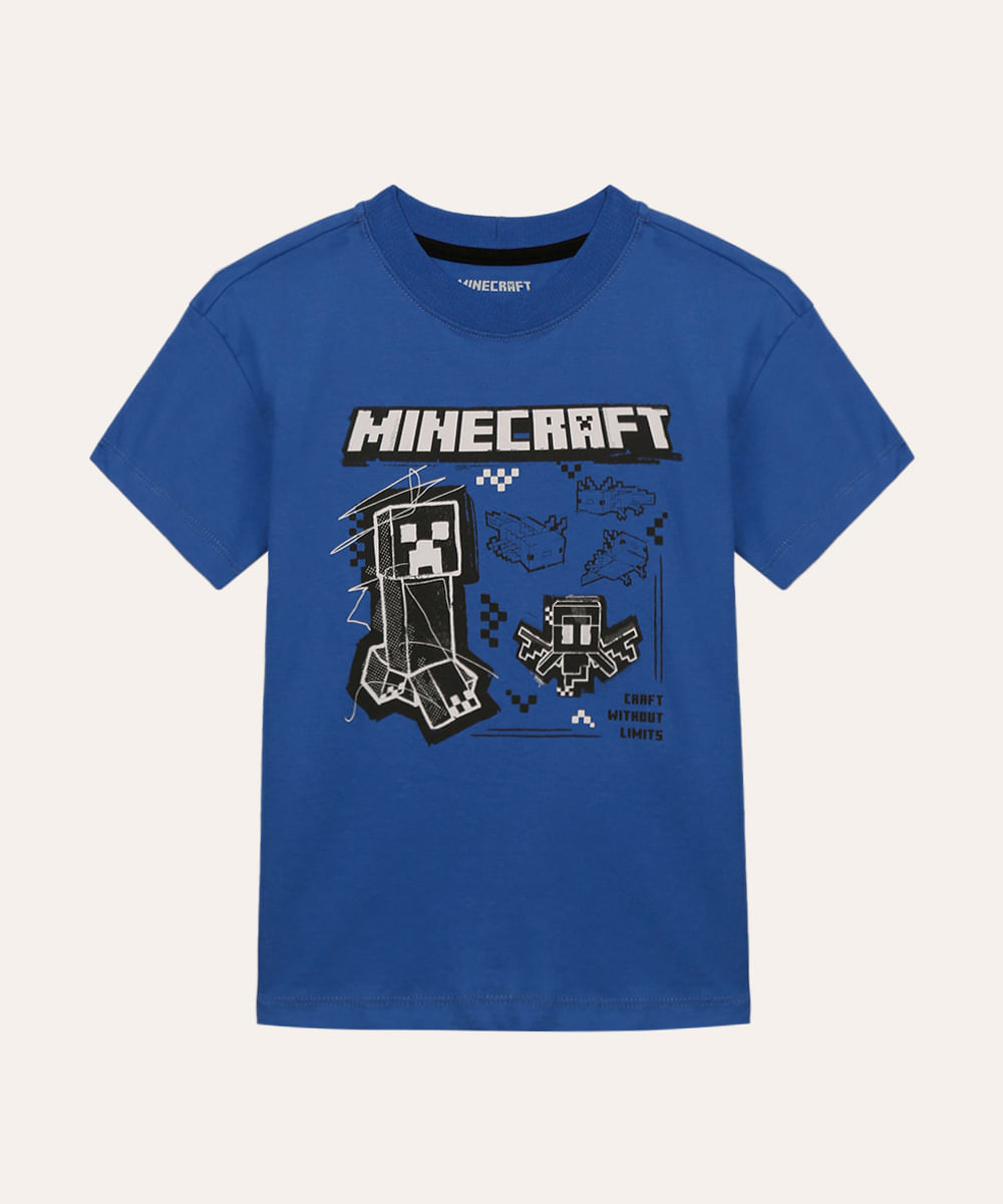 camiseta de algodão infantil minecraft azul