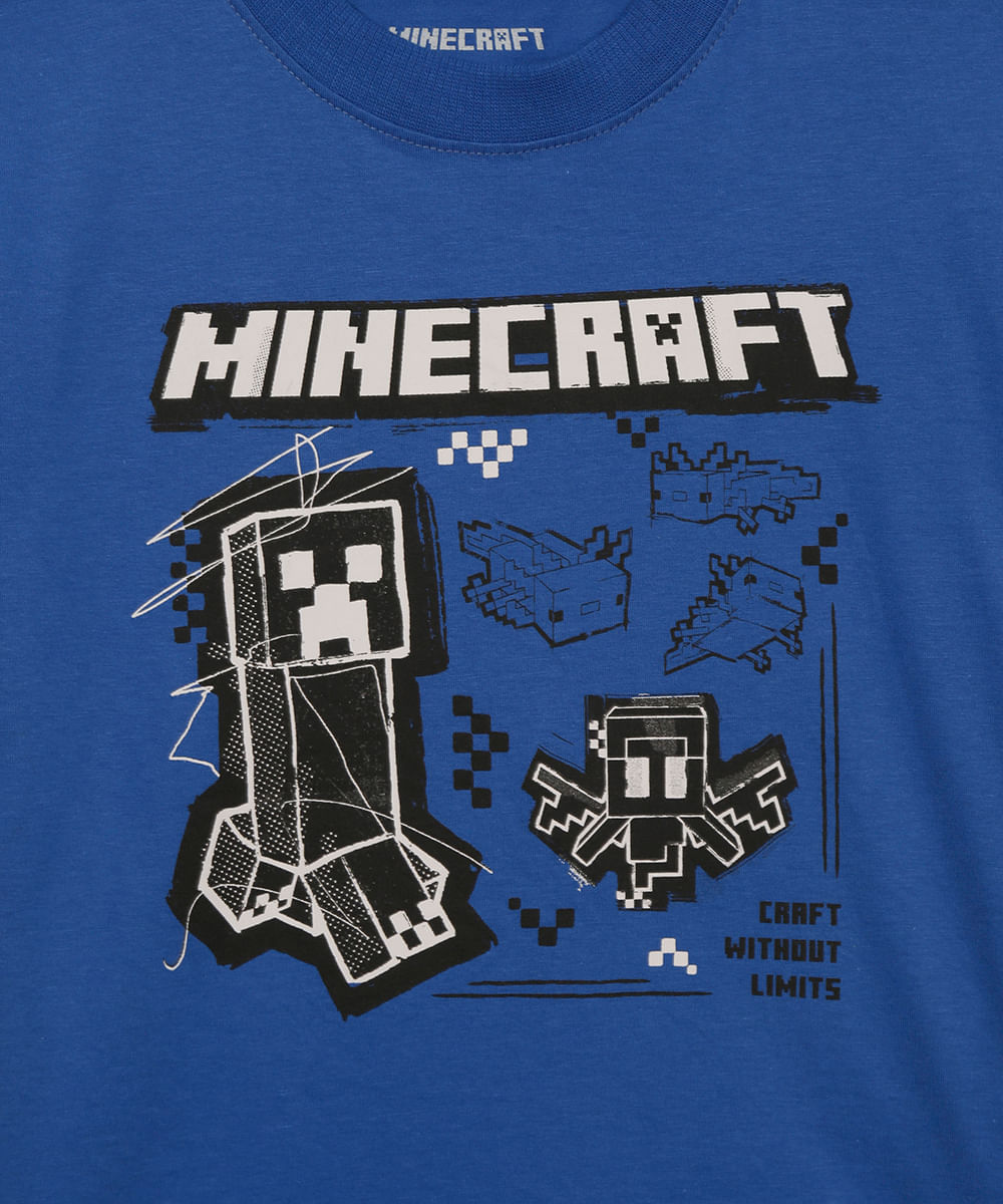 camiseta de algodão infantil minecraft azul