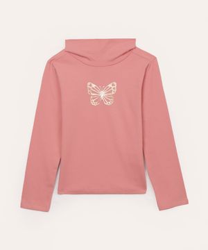 blusa de algodão infantil borboleta gola alta rosa