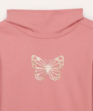 blusa de algodão infantil borboleta gola alta rosa