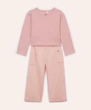 conjunto de algodão infantil blusa e calça texturizada rosa