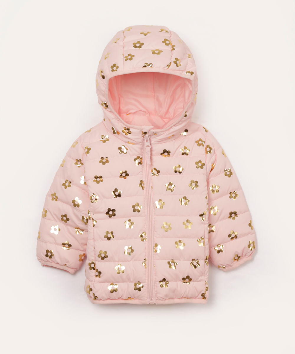 jaqueta infantil puffer com capuz margarida rosa