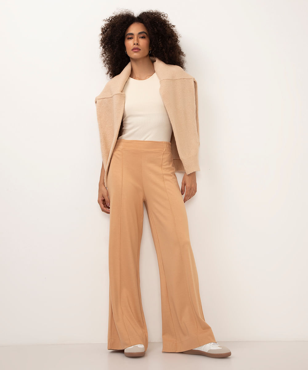 calça wide leg com recorte cintura alta bege
