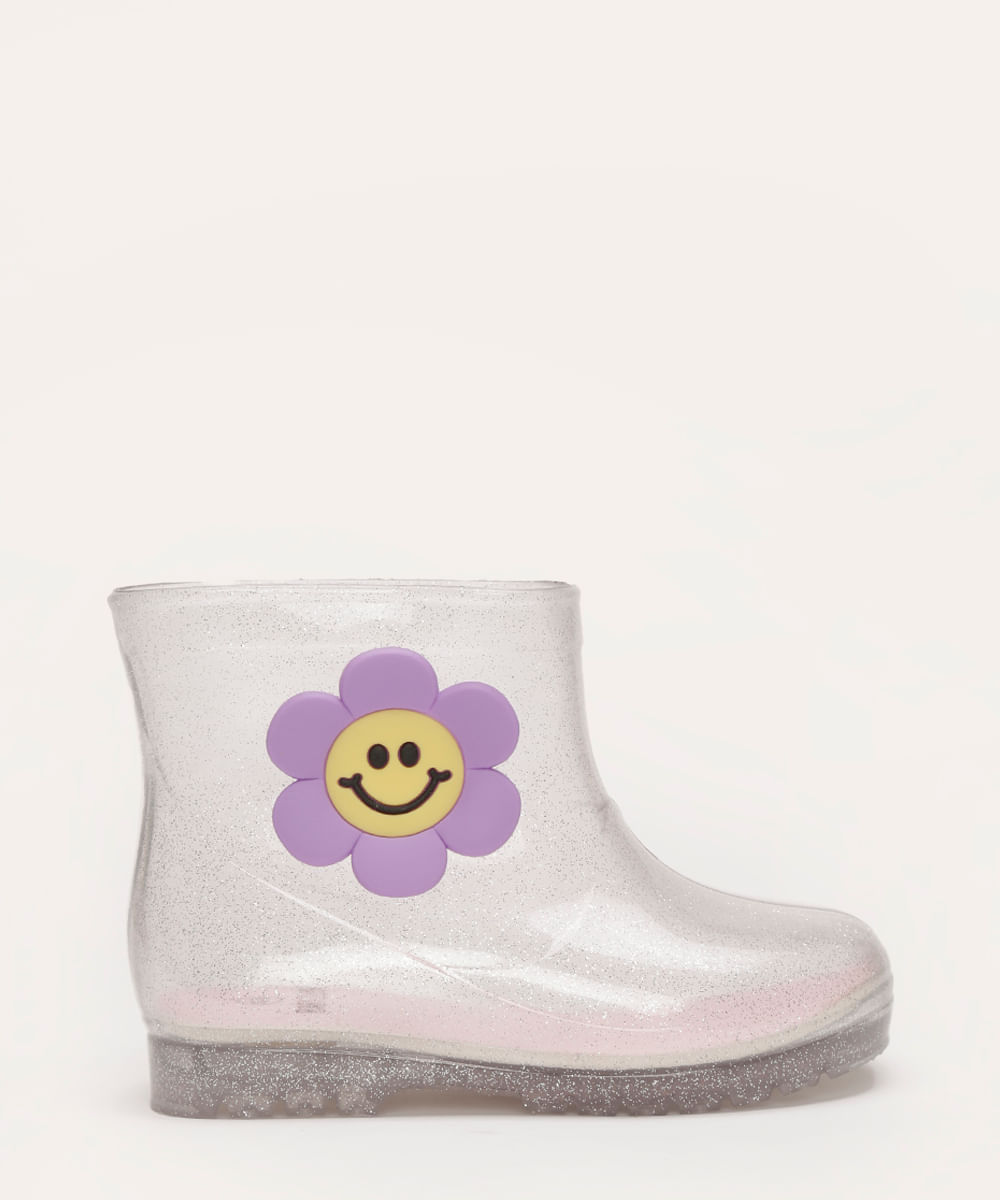 galocha infantil com brilho cano curto flor transparente