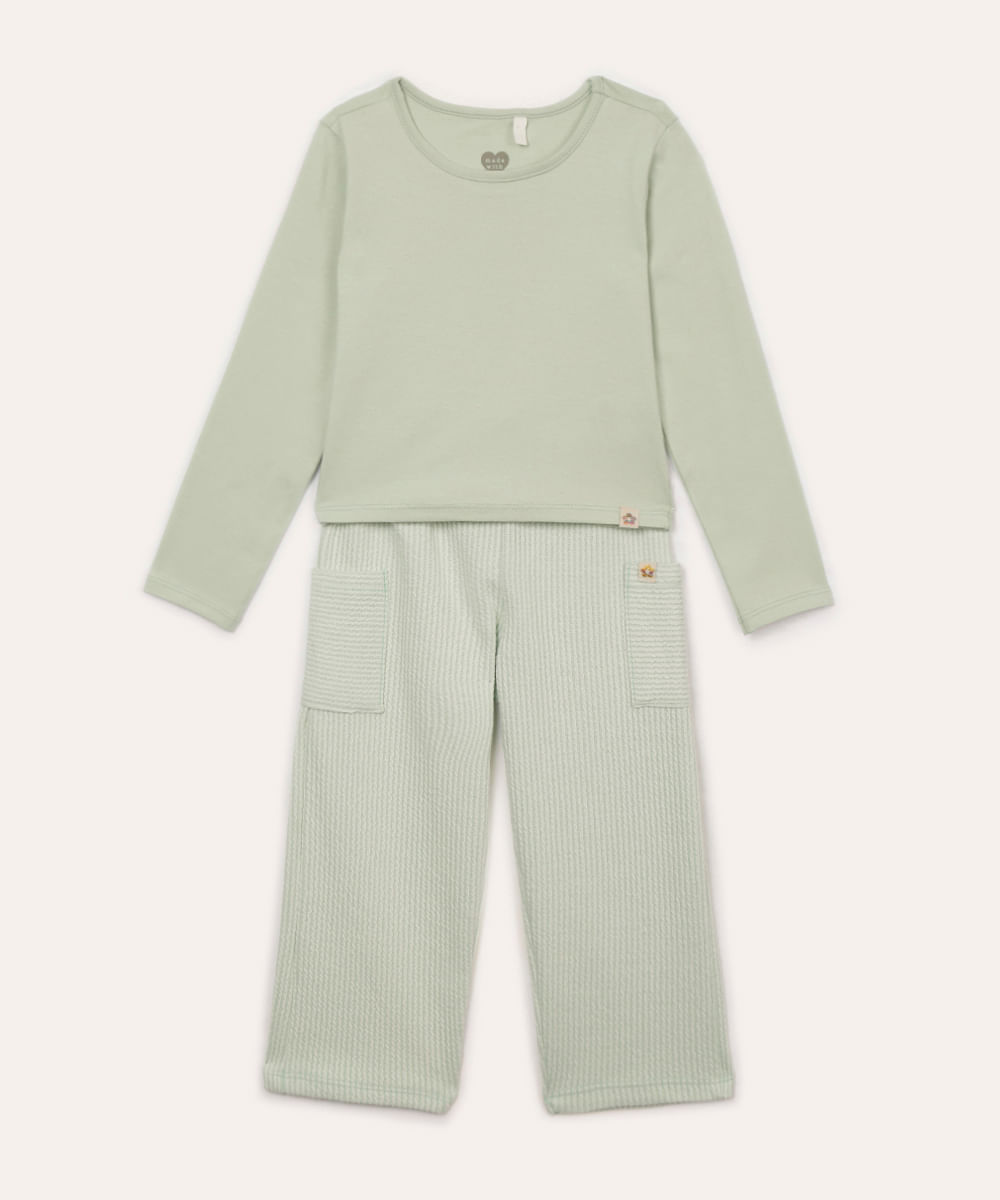 conjunto de algodão infantil blusa e calça texturizada verde claro