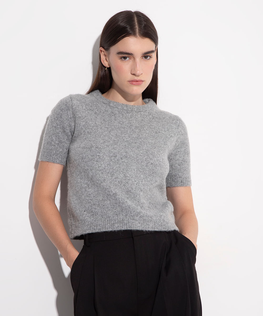 blusa de tricot manga curta mindset cinza