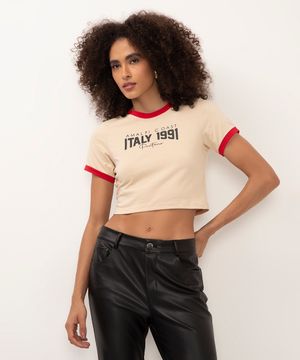 camiseta cropped de algodão bicolor italy bege