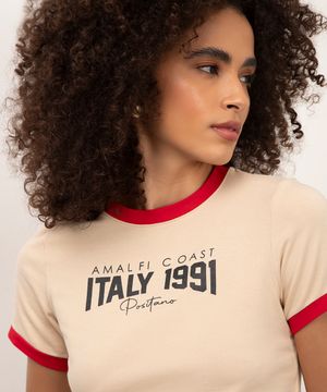 camiseta cropped de algodão bicolor italy bege