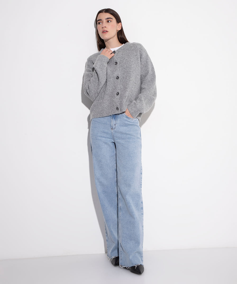 cardigan de tricot decote redondo mindset cinza
