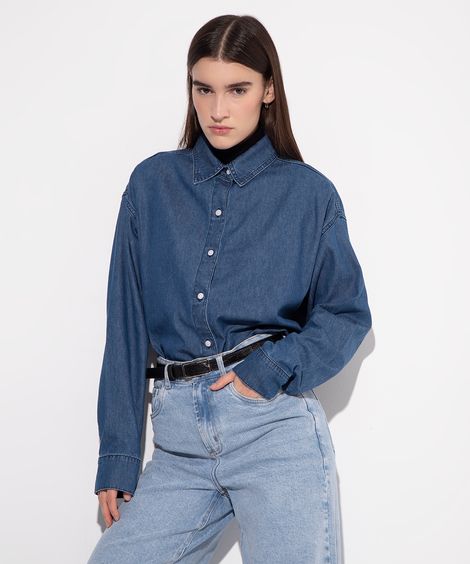 camisa jeans gola clássica mindset azul escuro