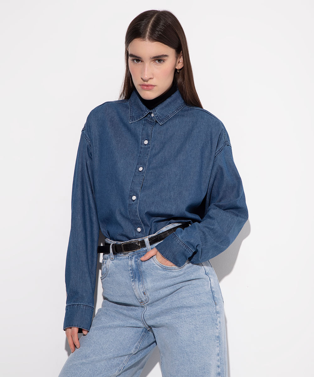 camisa jeans gola clássica mindset azul escuro