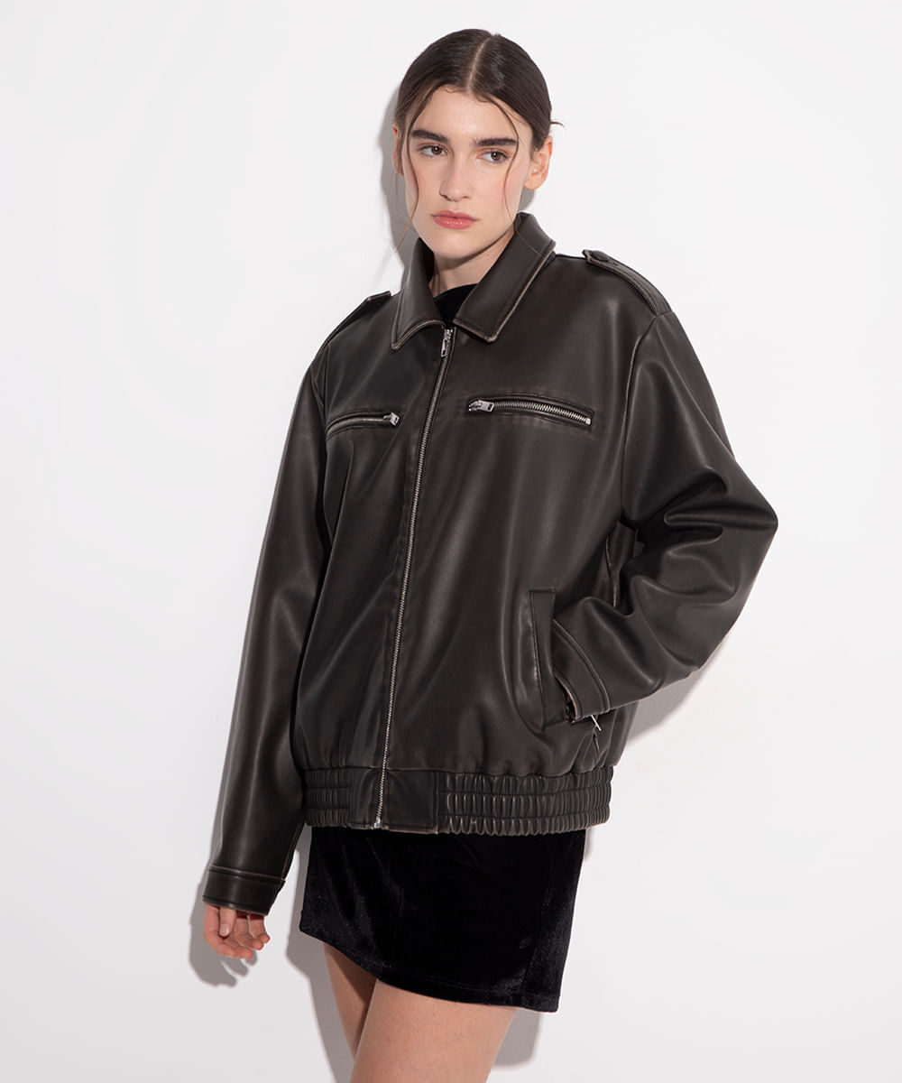 jaqueta oversized de poliuretano mindset preto