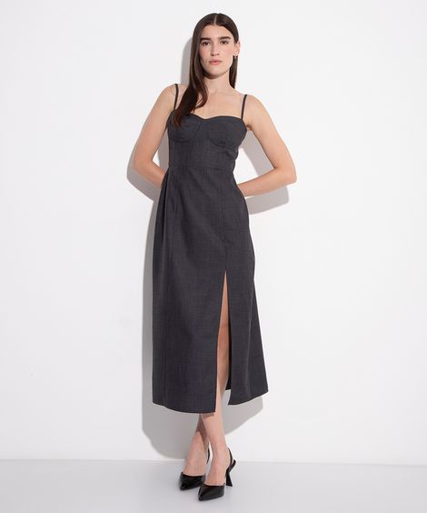 vestido midi com fenda mindset cinza