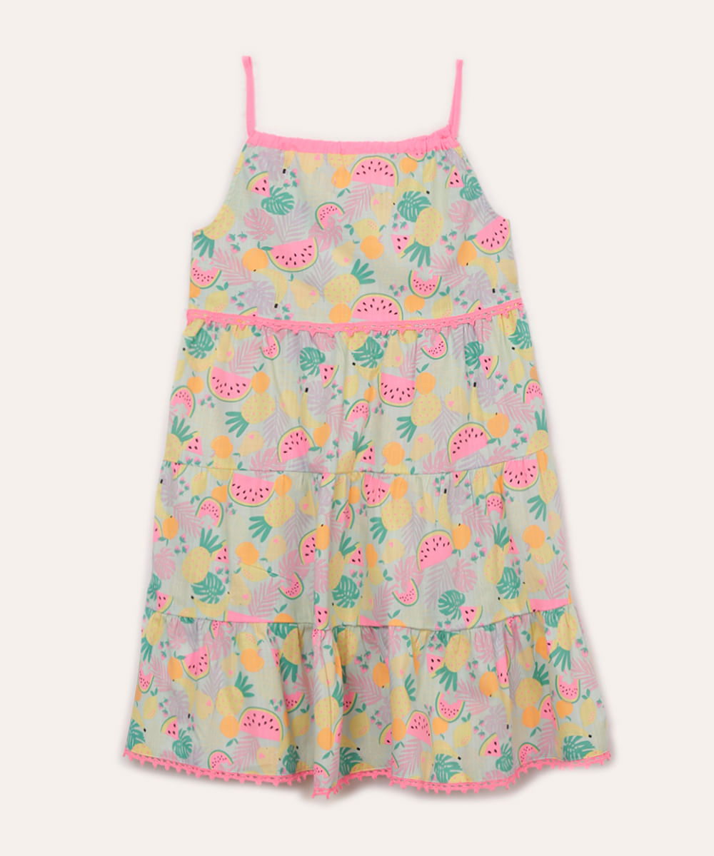 vestido de algodão infantil frutas com renda colorido