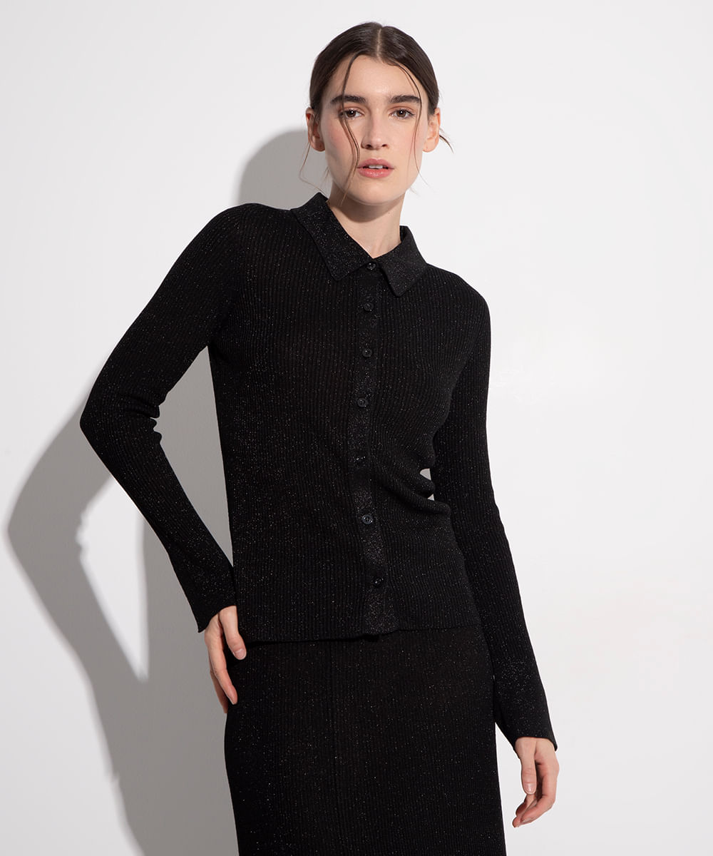 cardigan de tricot gola clássica mindset preto
