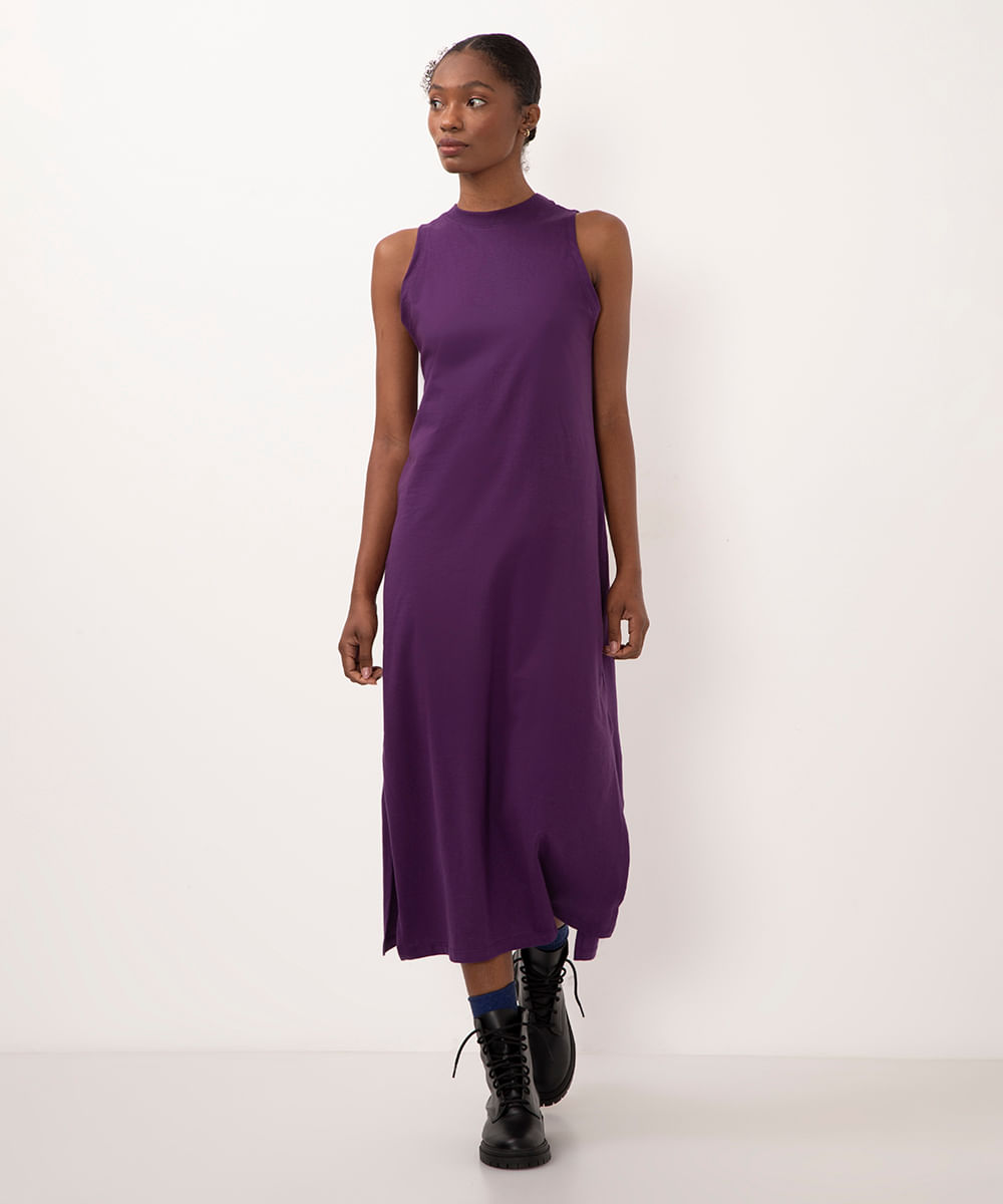 vestido de algodão midi com fenda roxo