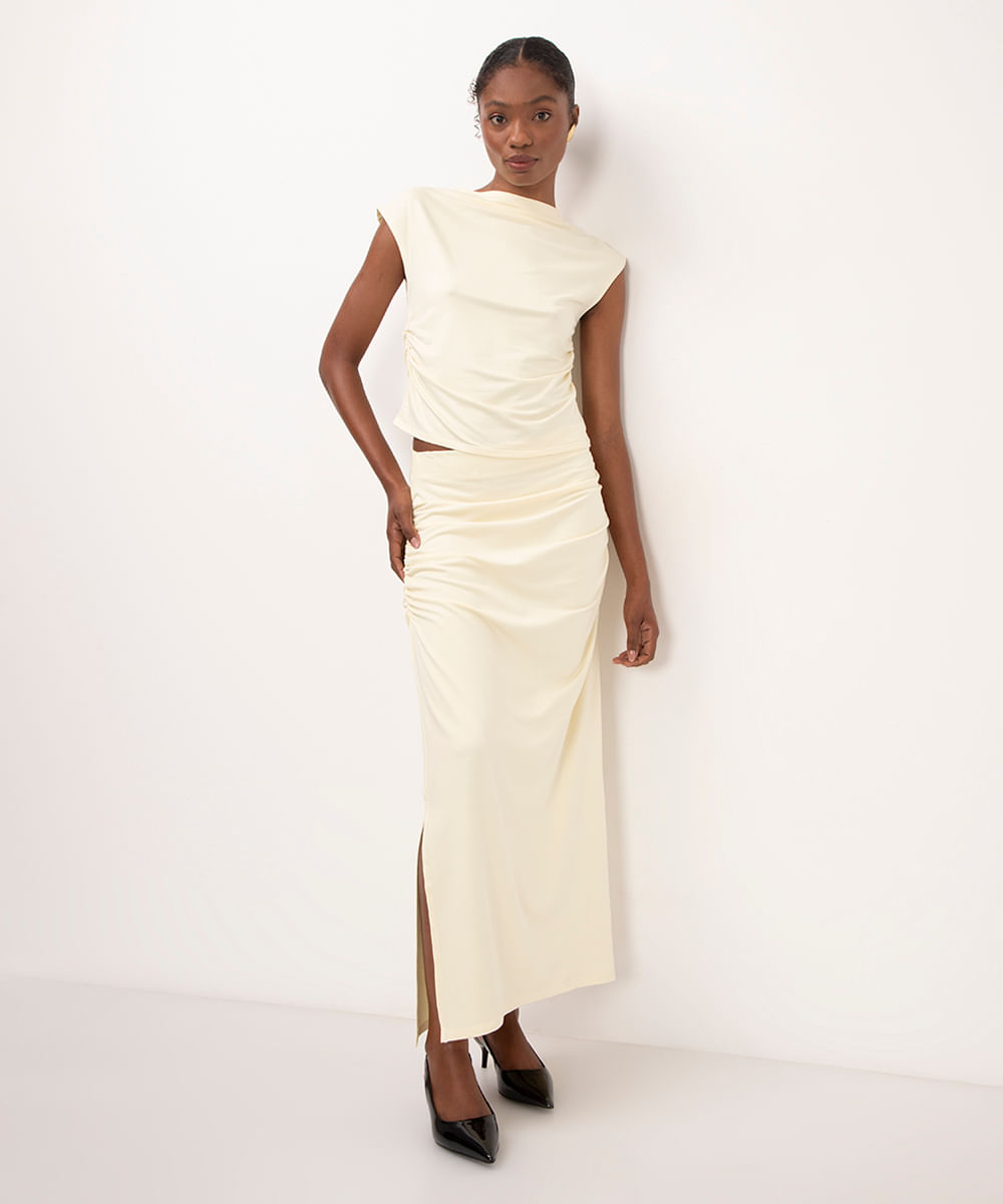 saia de viscose midi lateral franzida bege