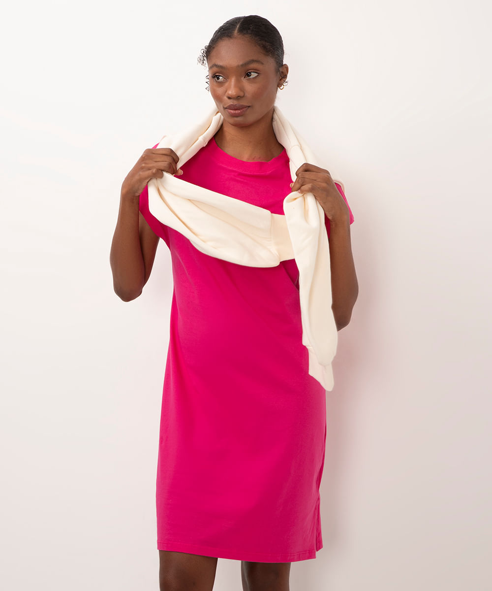 vestido curto básico manga curta areia - rosa