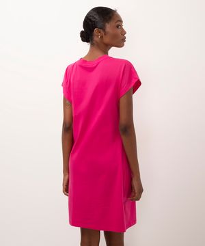vestido curto de algodão básico manga curta rosa