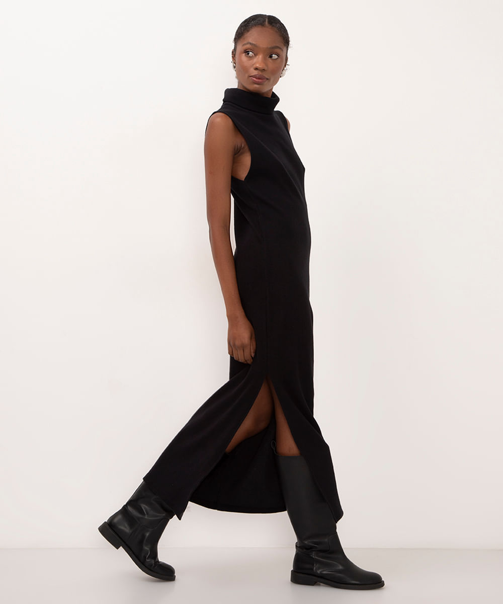 vestido de tricot midi gola alta preto