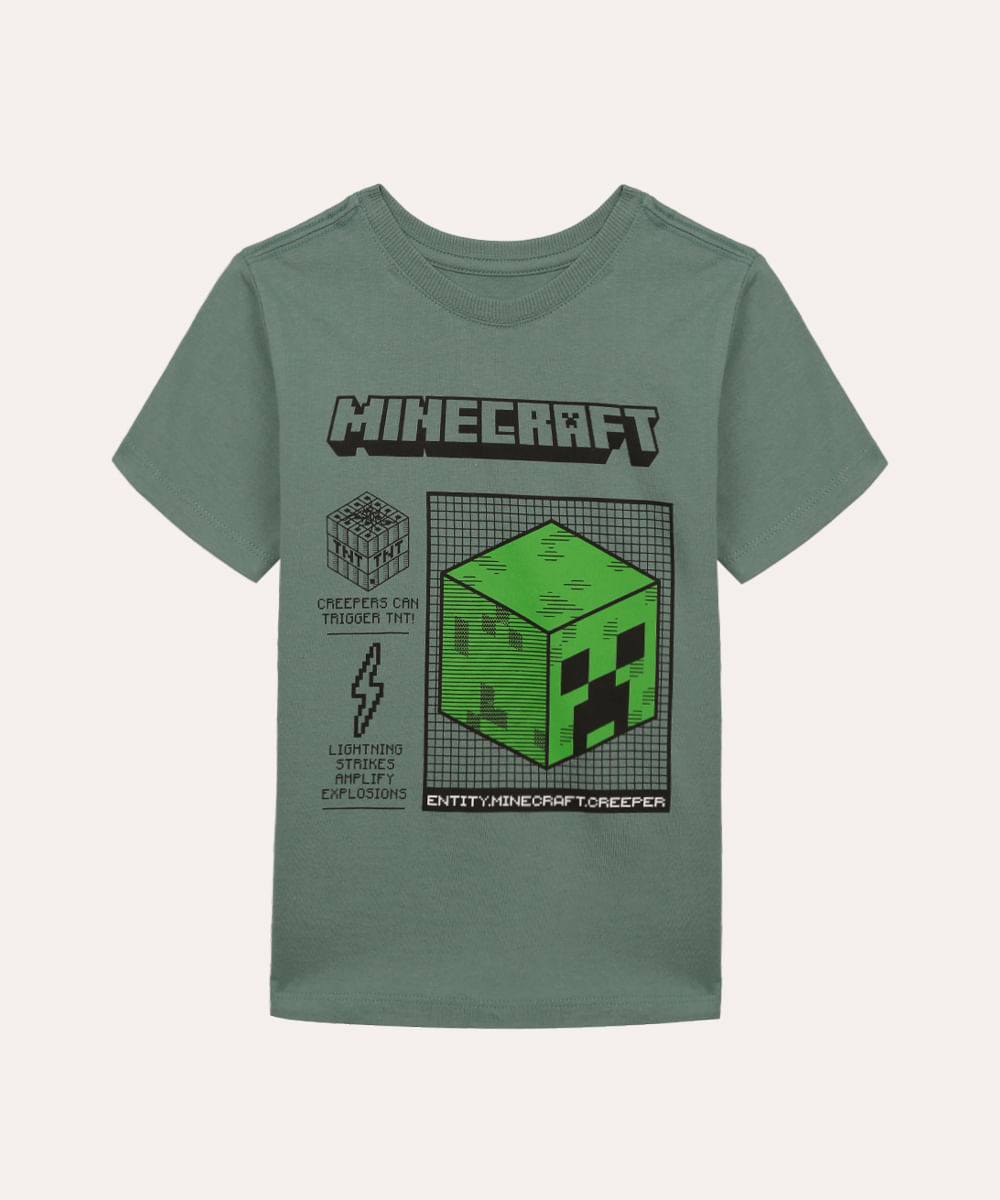 camiseta de algodão infantil minecraft verde médio
