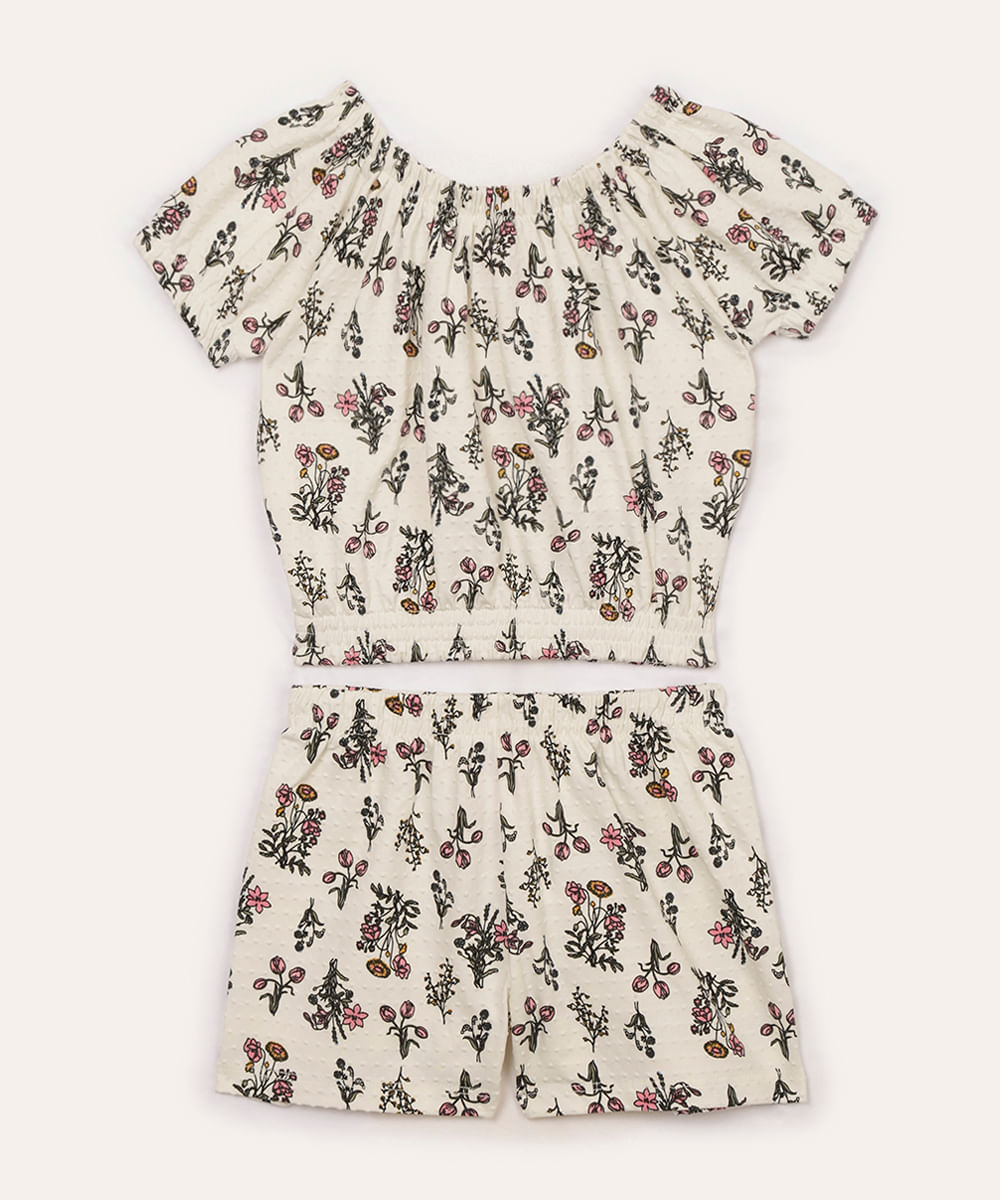 conjunto de algodão infantil texturizado floral off white