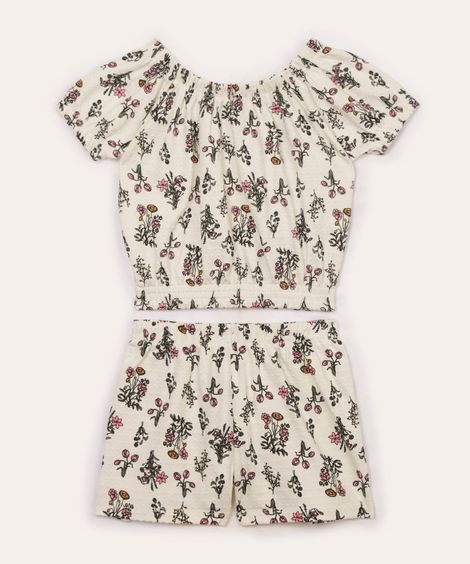 conjunto de algodão infantil texturizado floral off white