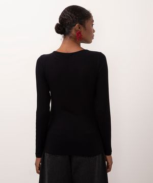 blusa de viscose manga longa canelada preto