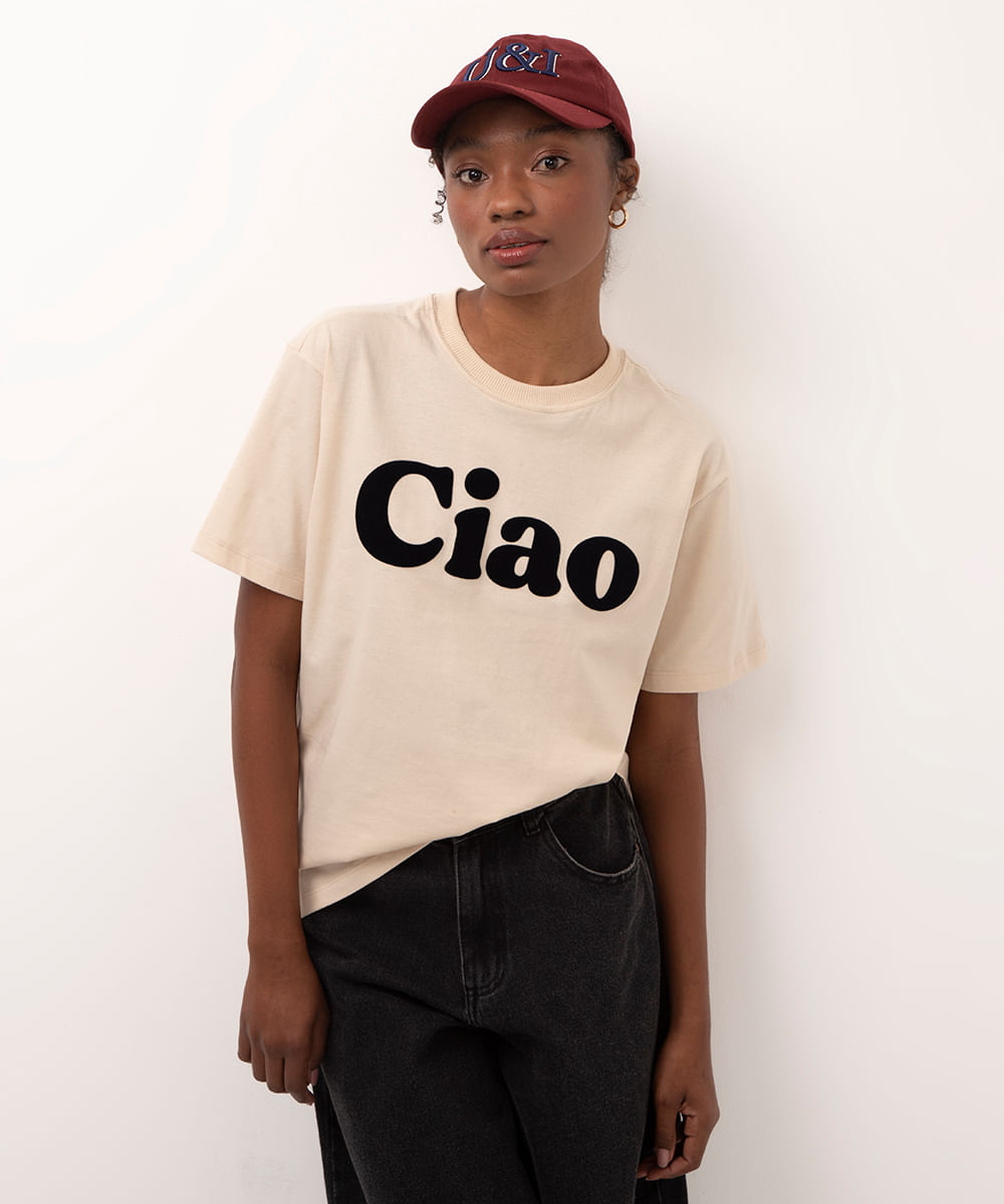 camiseta de algodão manga curta ciao bege