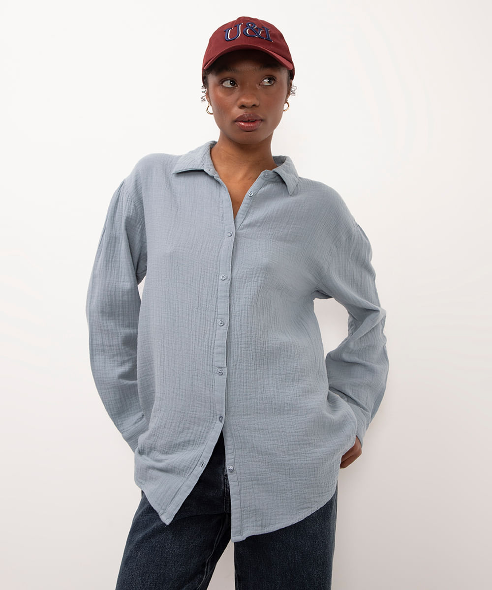camisa de algodão manga longa texturizada azul