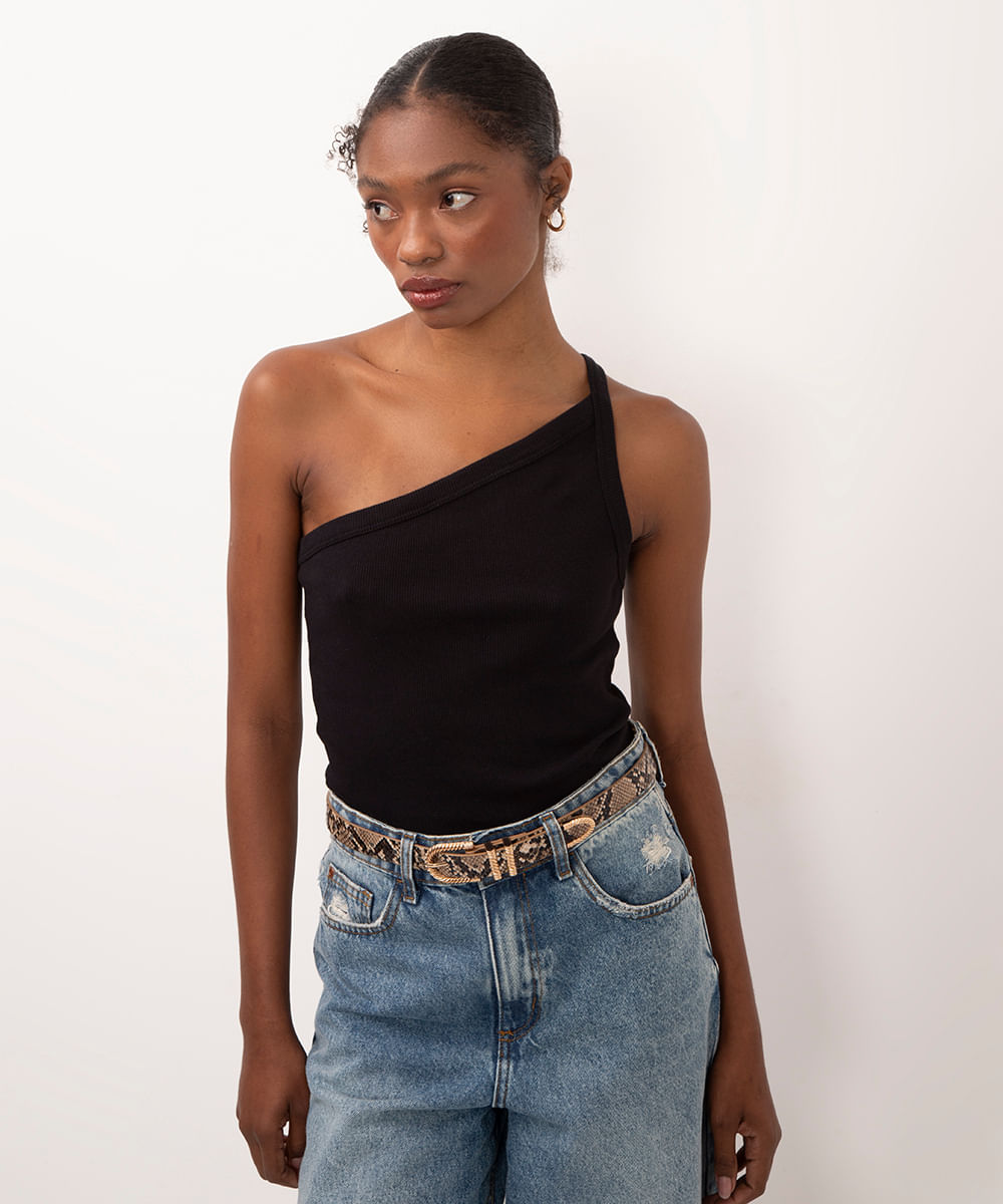 blusa de algodão assimétrico ombro único preto