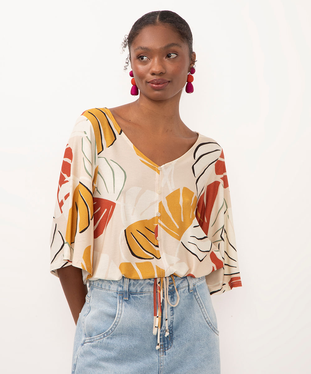 blusa com amarração folhagem manga curta ampla decote v bege