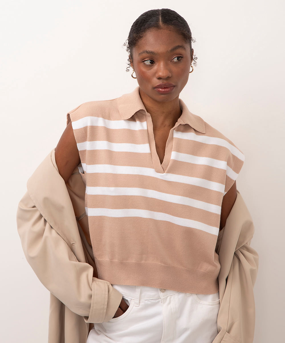blusa de tricot cropped gola clássica listrado marrom