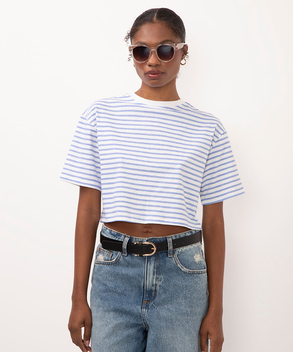 camiseta de algodão cropped listrada off white