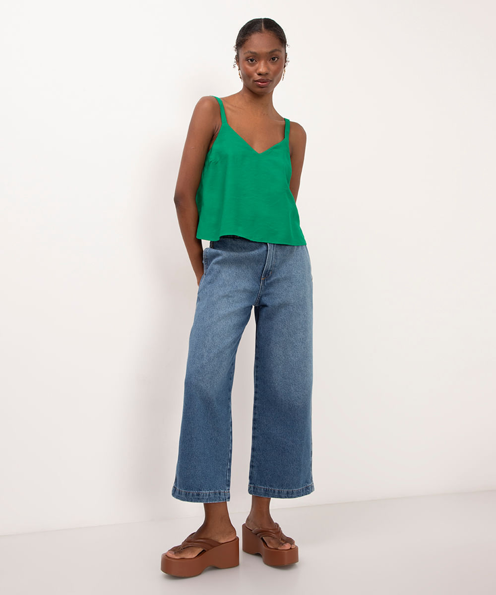 calça jeans wide leg cropped cintura super alta azul