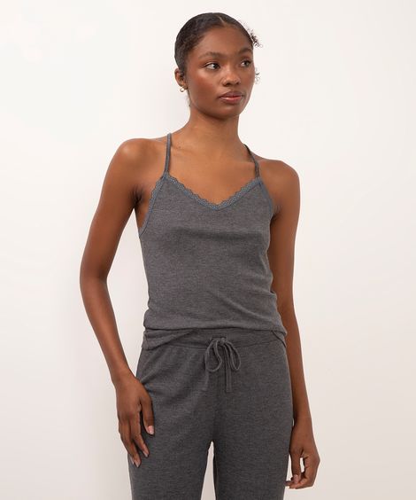 regata de pijama canelada com renda preto cinza