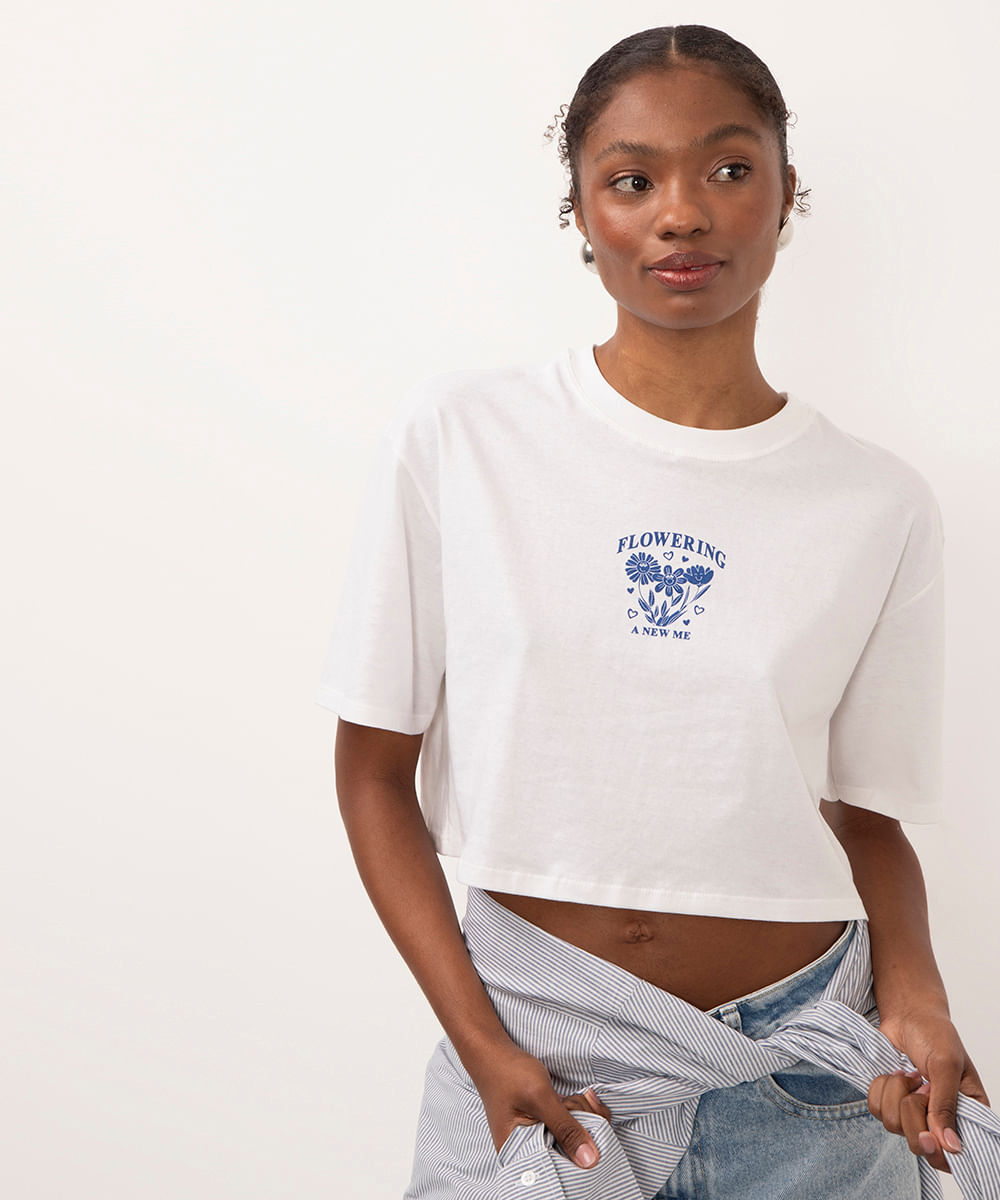 cropped de algodão flowering manga curta off white
