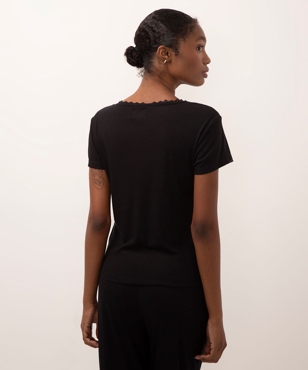 camiseta de pijama manga curta canelado com renda preto