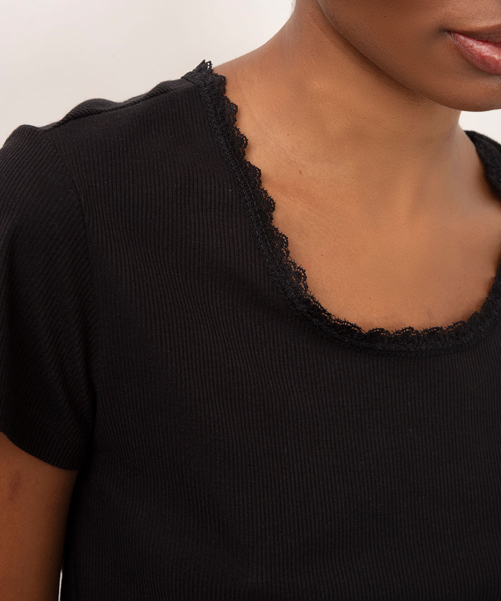 camiseta de pijama manga curta canelado com renda preto