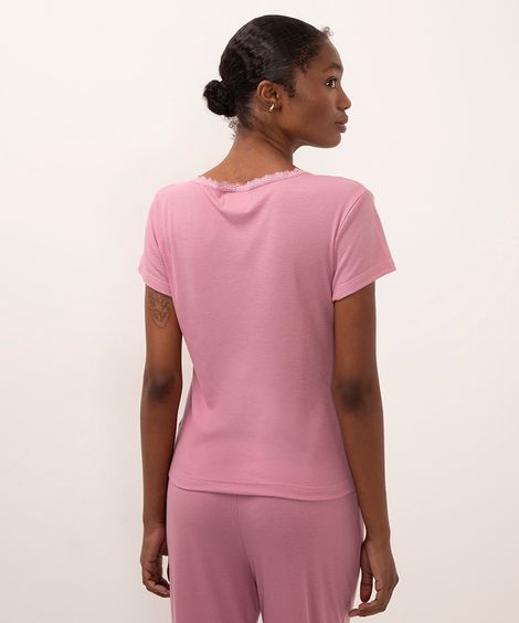camiseta de pijama manga curta canelado com renda rosa