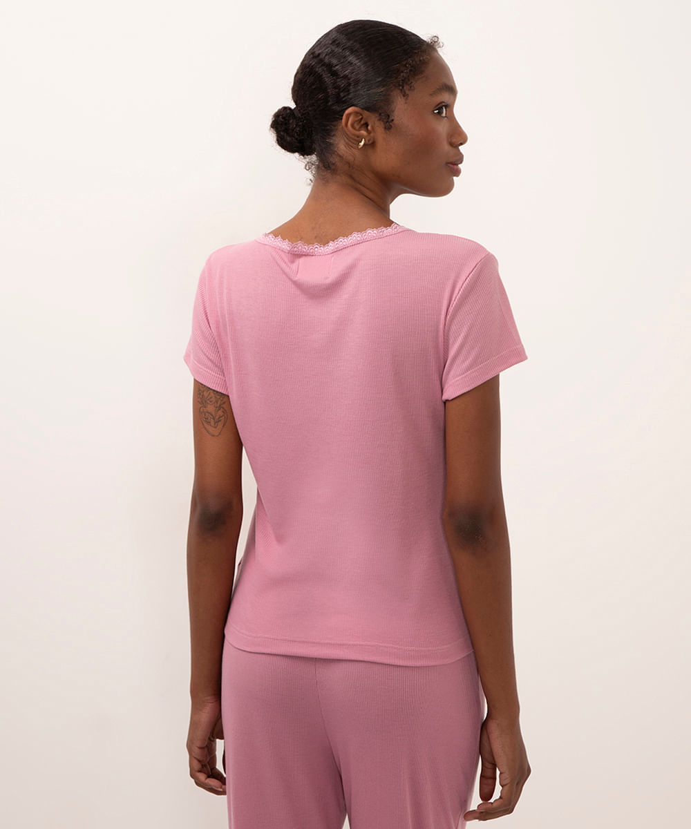 camiseta de pijama manga curta canelado com renda rosa