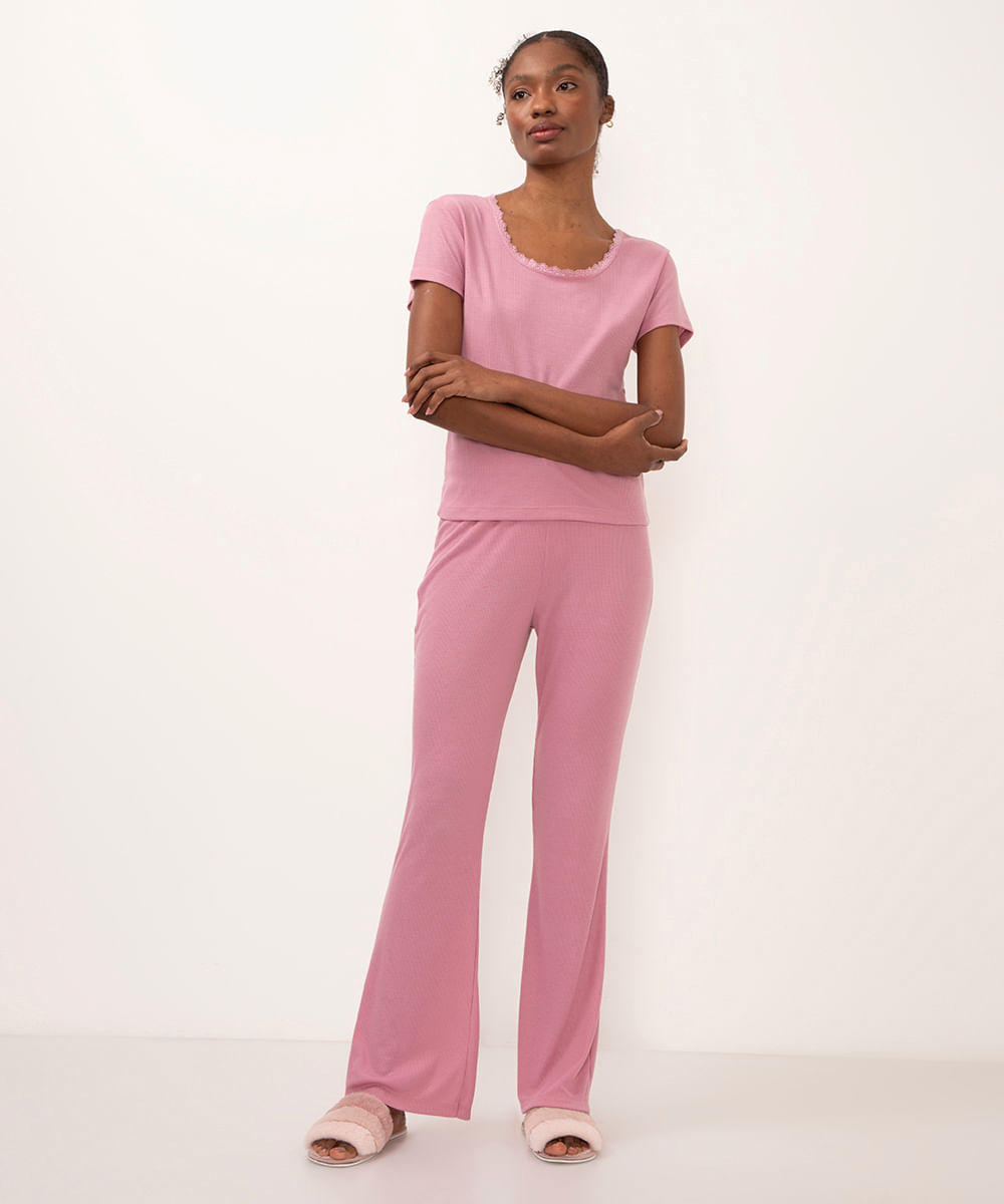 camiseta de pijama manga curta canelado com renda rosa