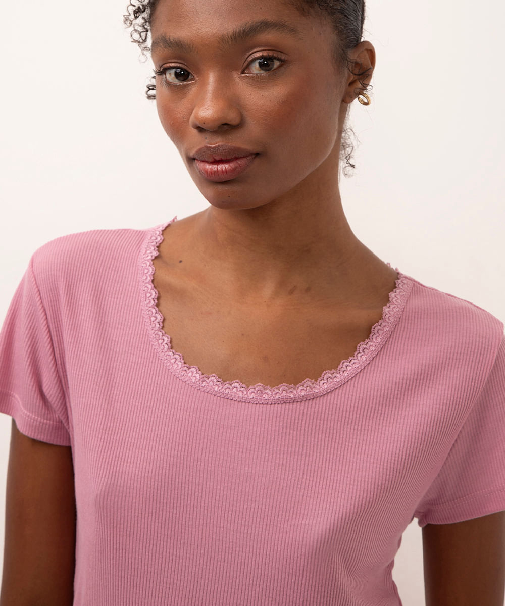 camiseta de pijama manga curta canelado com renda rosa