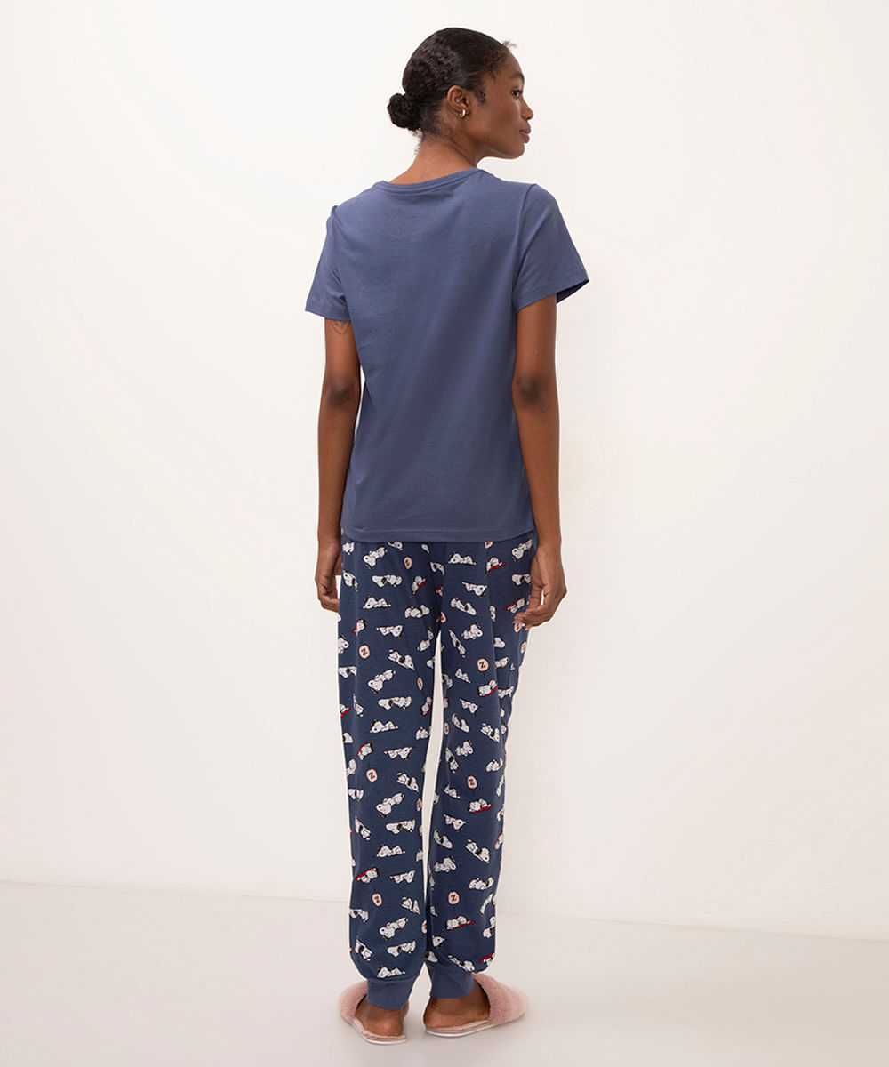 pijama de algodão com calça jogger snoopy azul marinho