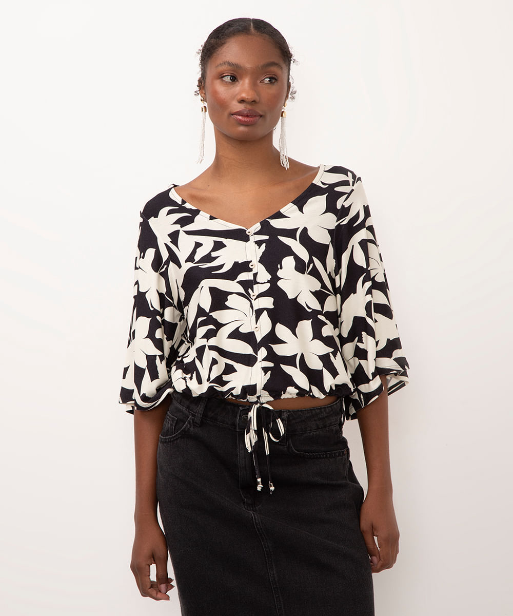 blusa de viscose com amarração floral preto